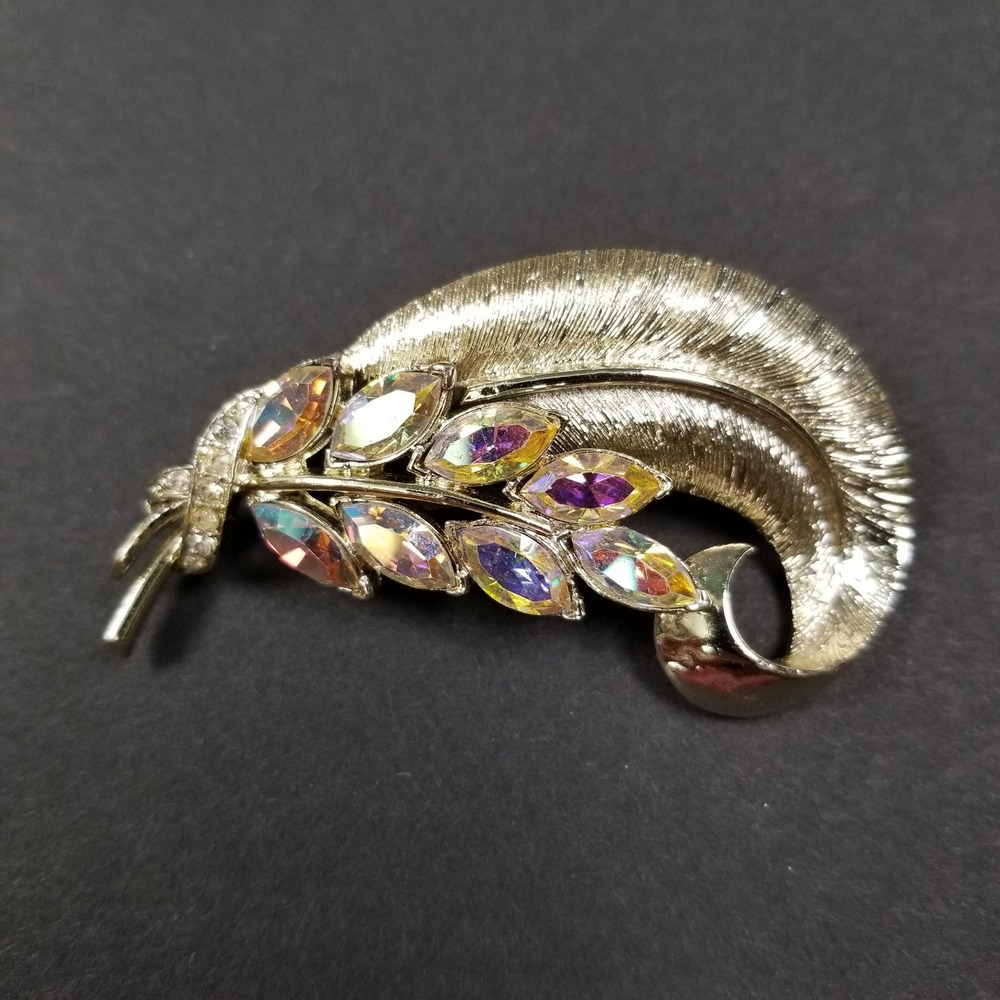 Coro Vintage Gold Tone Aurora Borealis Rhinestone Feather Brooch Pin